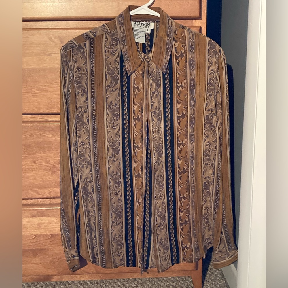 Allison Taylor 100% Silk Blouse Vintage (90s?) Gold Black size L